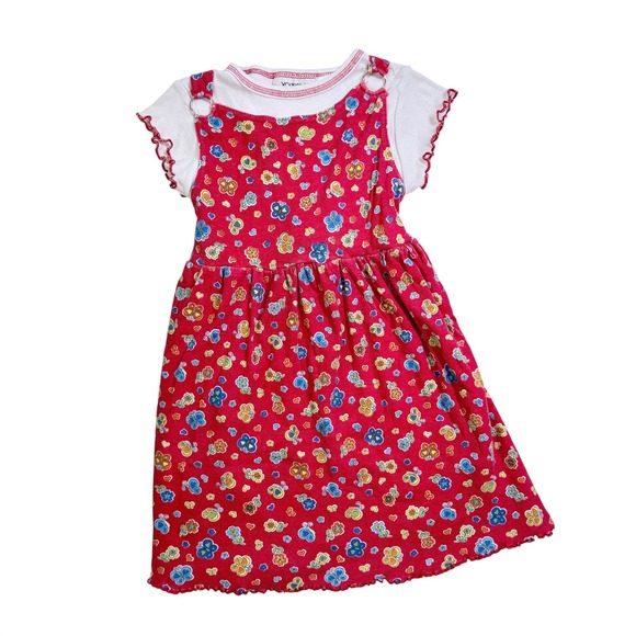 Youngland Other - Vintage 90's Y2K Layered T-Shirt Dress Girls 6X Red Floral Lettuce EdgeJumper